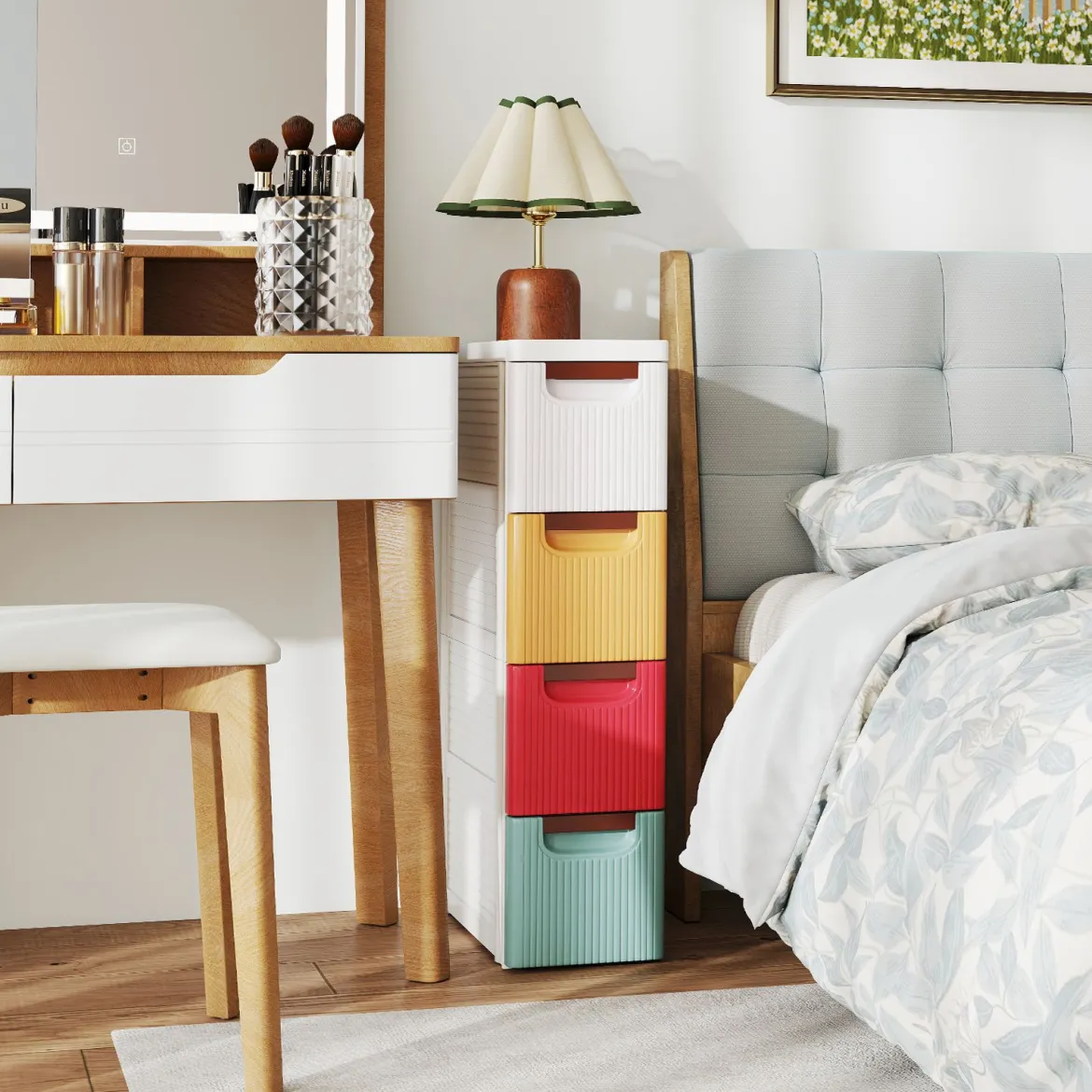 Schmaler Badezimmerschrank mit 4 Schubladen & Rädern Nischenregal Badschrank Bunt