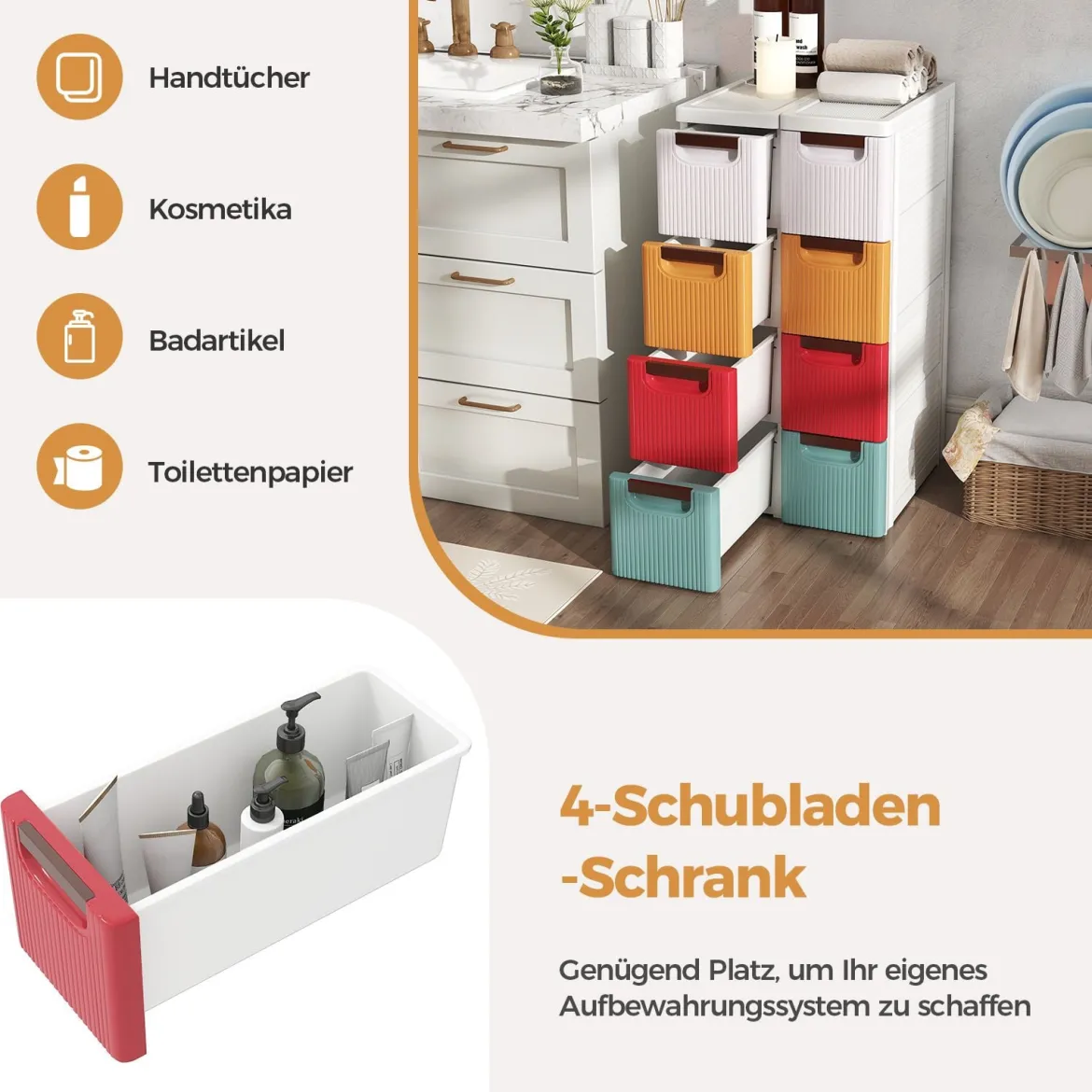 Schmaler Badezimmerschrank mit 4 Schubladen & Rädern Nischenregal Badschrank Bunt