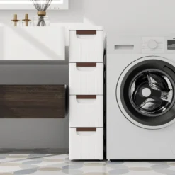 Schmaler Badezimmerschrank mit 4 Schubladen & Rädern Nischenregal Badschrank Weiß