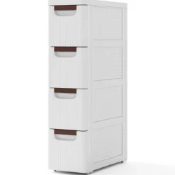 Schmaler Badezimmerschrank mit 4 Schubladen & Rädern Nischenregal Badschrank Weiß