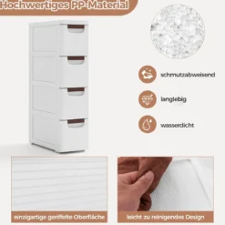Schmaler Badezimmerschrank mit 4 Schubladen & Rädern Nischenregal Badschrank Weiß