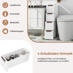Schmaler Badezimmerschrank mit 4 Schubladen & Rädern Nischenregal Badschrank Weiß