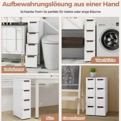 Schmaler Badezimmerschrank mit 4 Schubladen & Rädern Nischenregal Badschrank Weiß