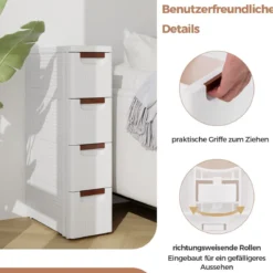 Schmaler Badezimmerschrank mit 4 Schubladen & Rädern Nischenregal Badschrank Weiß