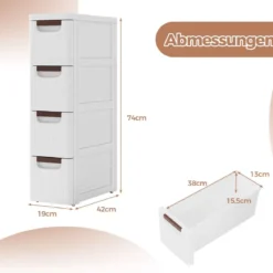 Schmaler Badezimmerschrank mit 4 Schubladen & Rädern Nischenregal Badschrank Weiß