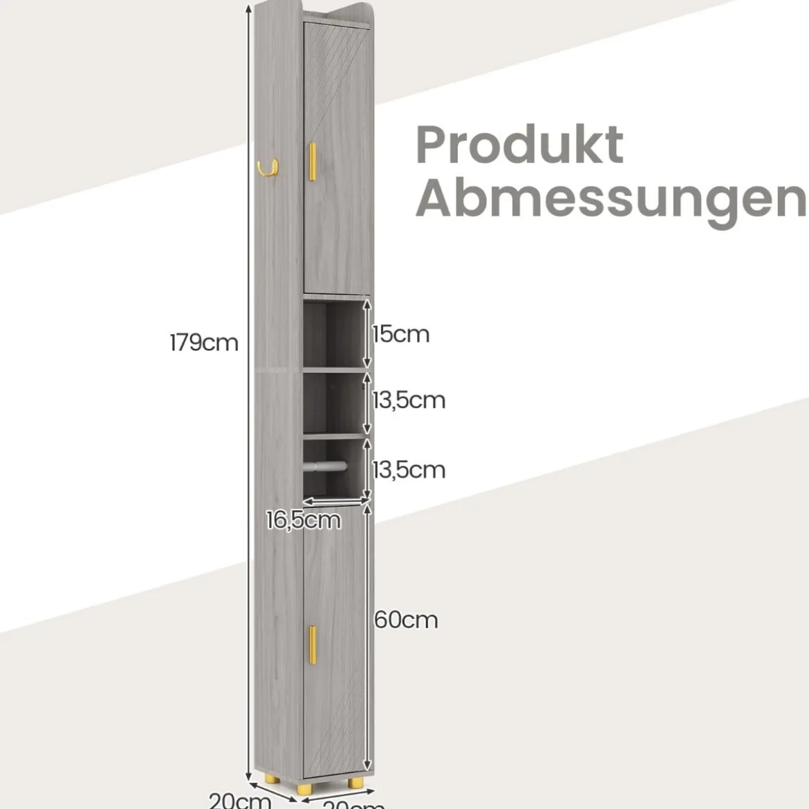 Schmaler Badschrank mit Toilettenpapierhalter & Seitenhaken Hochschrank Badezimmerschrank Grau