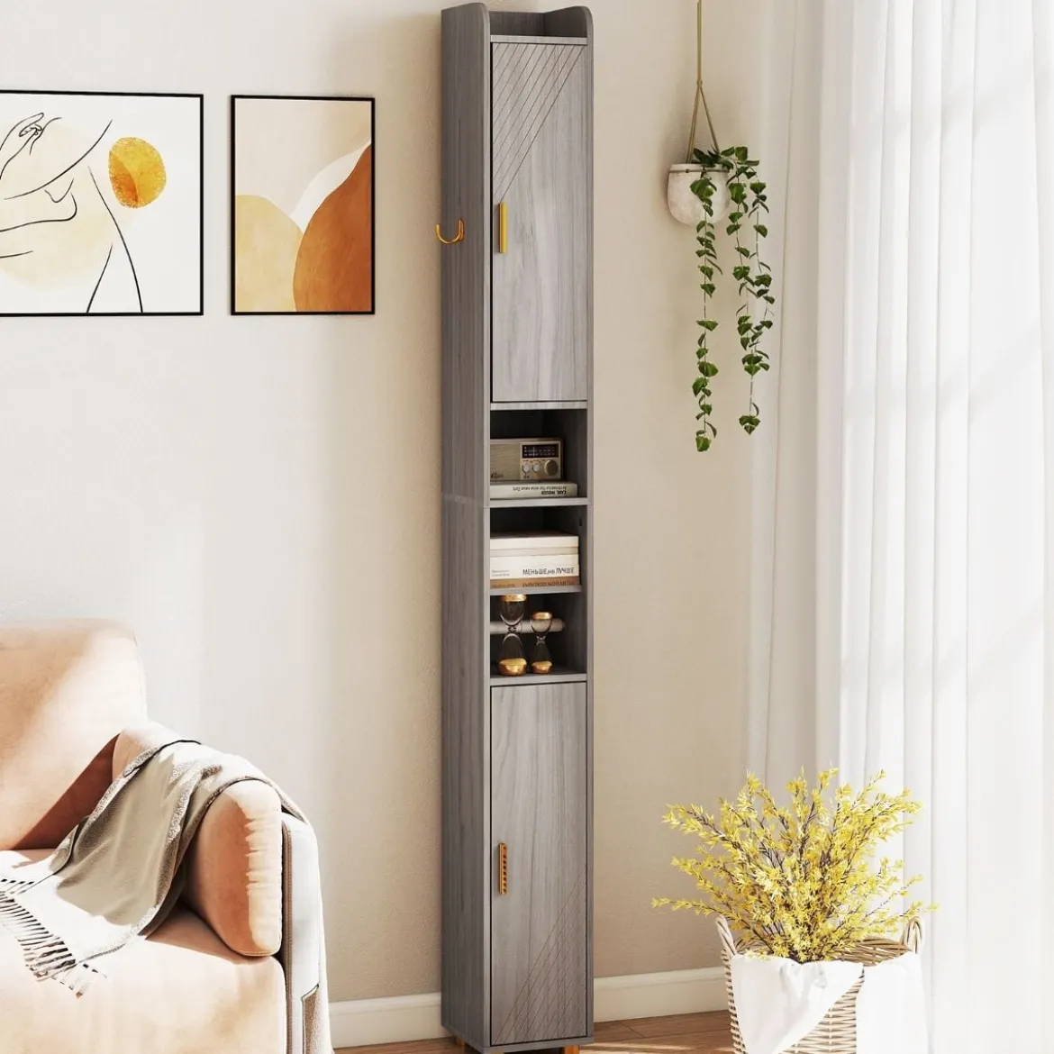 Schmaler Badschrank mit Toilettenpapierhalter & Seitenhaken Hochschrank Badezimmerschrank Grau