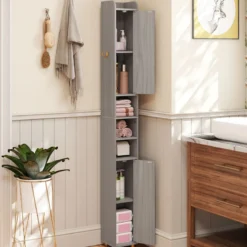 Schmaler Badschrank mit Toilettenpapierhalter & Seitenhaken Hochschrank Badezimmerschrank Grau