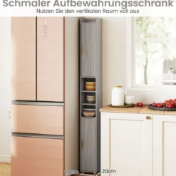 Schmaler Badschrank mit Toilettenpapierhalter & Seitenhaken Hochschrank Badezimmerschrank Grau
