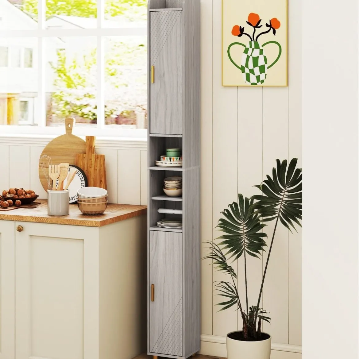 Schmaler Badschrank mit Toilettenpapierhalter & Seitenhaken Hochschrank Badezimmerschrank Grau