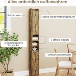 Schmaler Badschrank mit Toilettenpapierhalter & Seitenhaken Hochschrank Badezimmerschrank Vintage