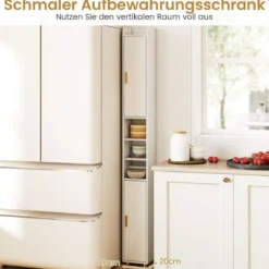 Schmaler Badschrank mit Toilettenpapierhalter & Seitenhaken Hochschrank Badezimmerschrank Weiß