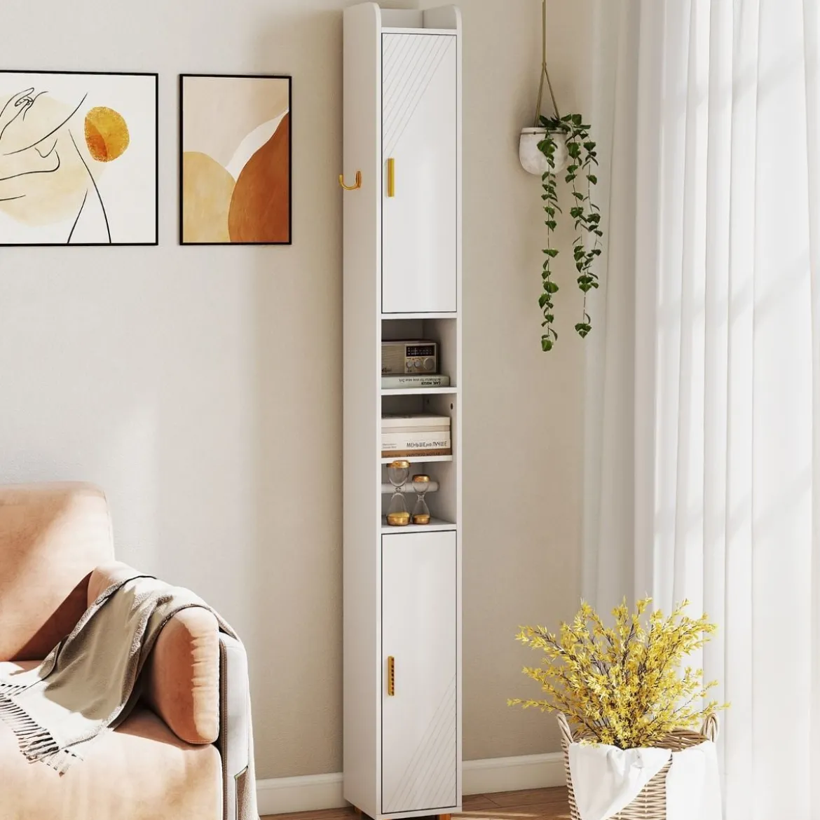 Schmaler Badschrank mit Toilettenpapierhalter & Seitenhaken Hochschrank Badezimmerschrank Weiß
