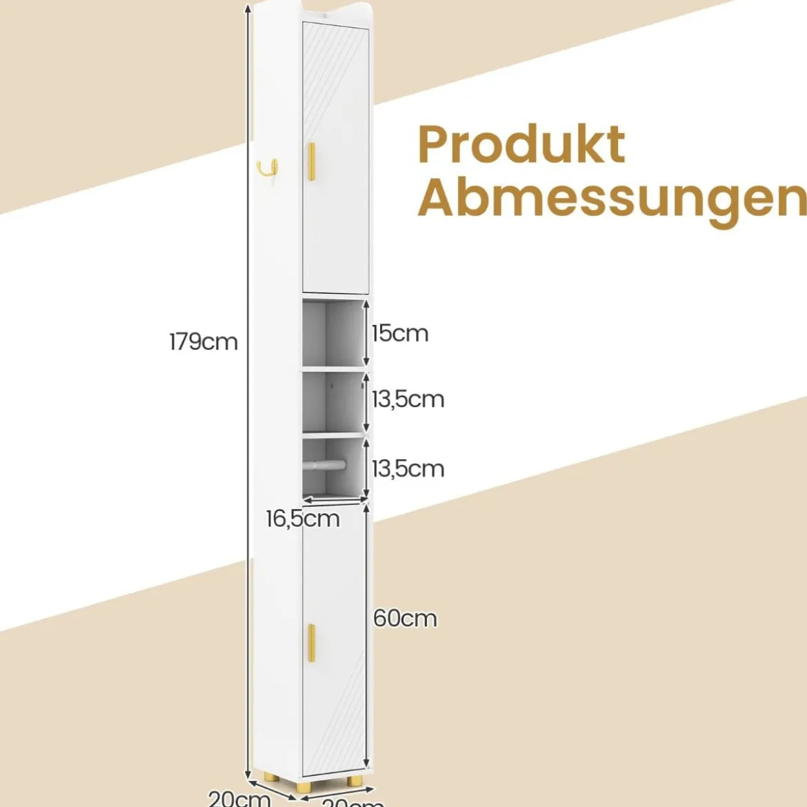 Schmaler Badschrank mit Toilettenpapierhalter & Seitenhaken Hochschrank Badezimmerschrank Weiß