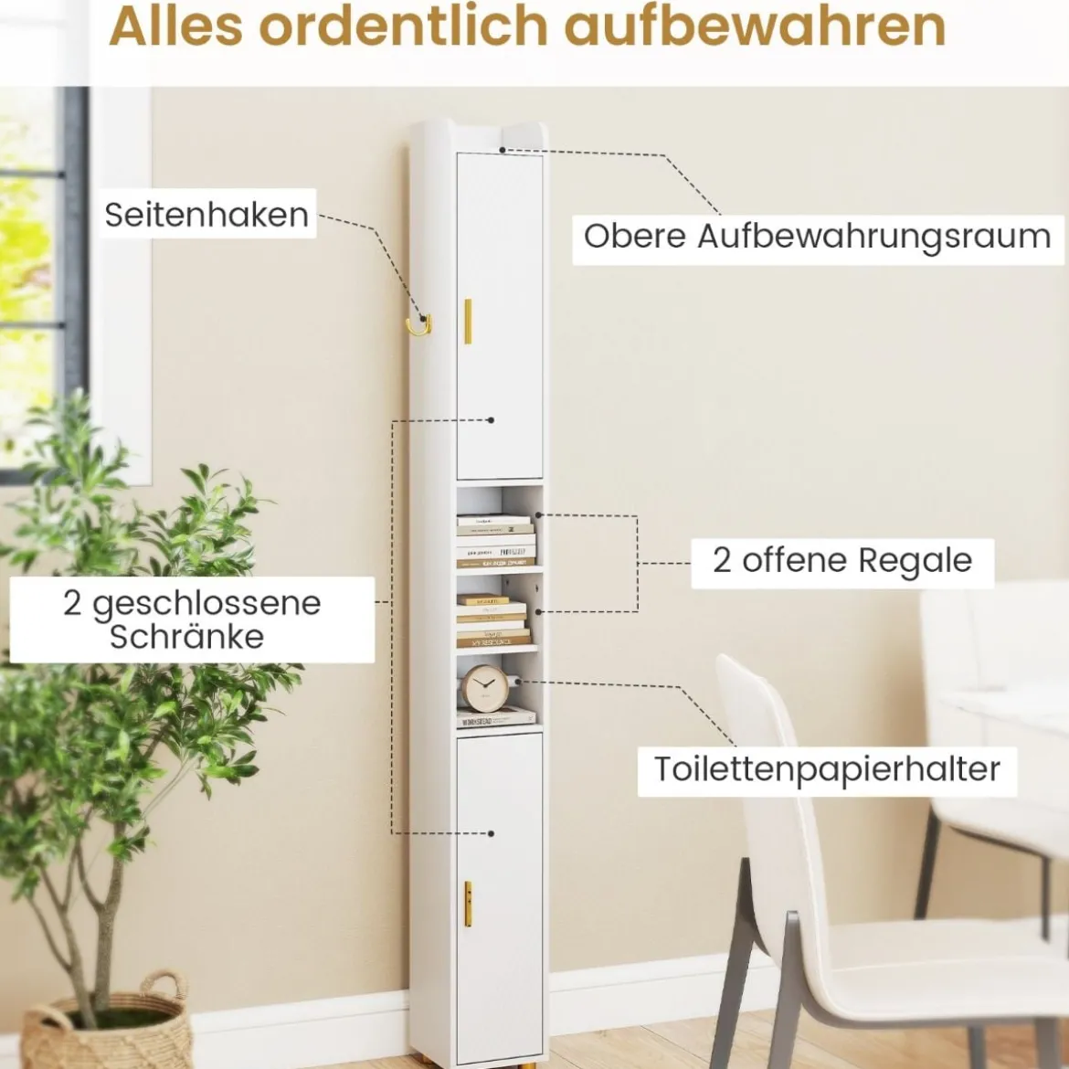 Schmaler Badschrank mit Toilettenpapierhalter & Seitenhaken Hochschrank Badezimmerschrank Weiß