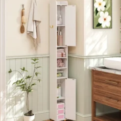 Schmaler Badschrank mit Toilettenpapierhalter & Seitenhaken Hochschrank Badezimmerschrank Weiß
