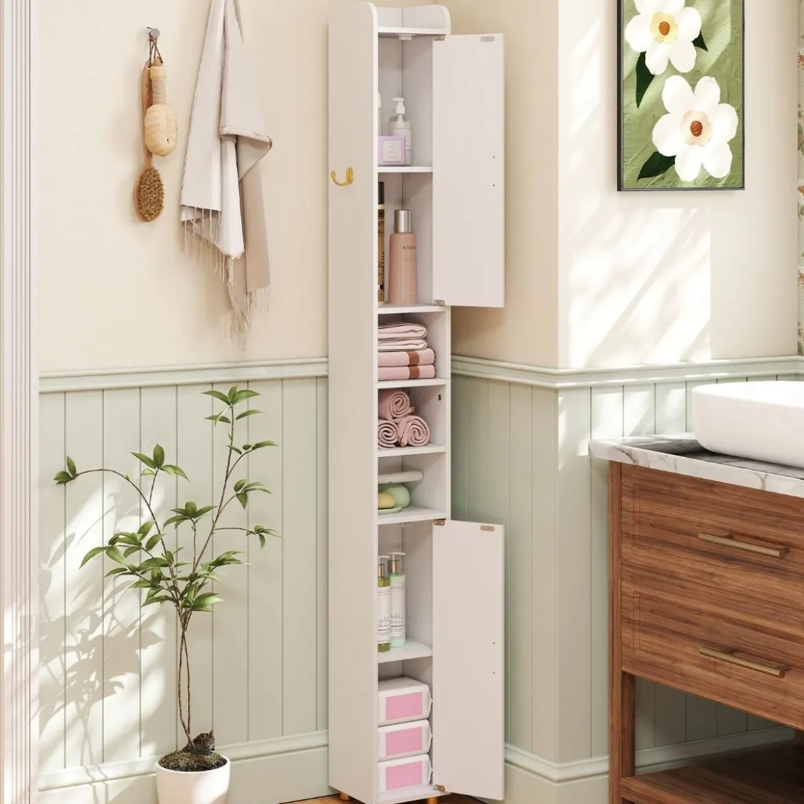 Schmaler Badschrank mit Toilettenpapierhalter & Seitenhaken Hochschrank Badezimmerschrank Weiß