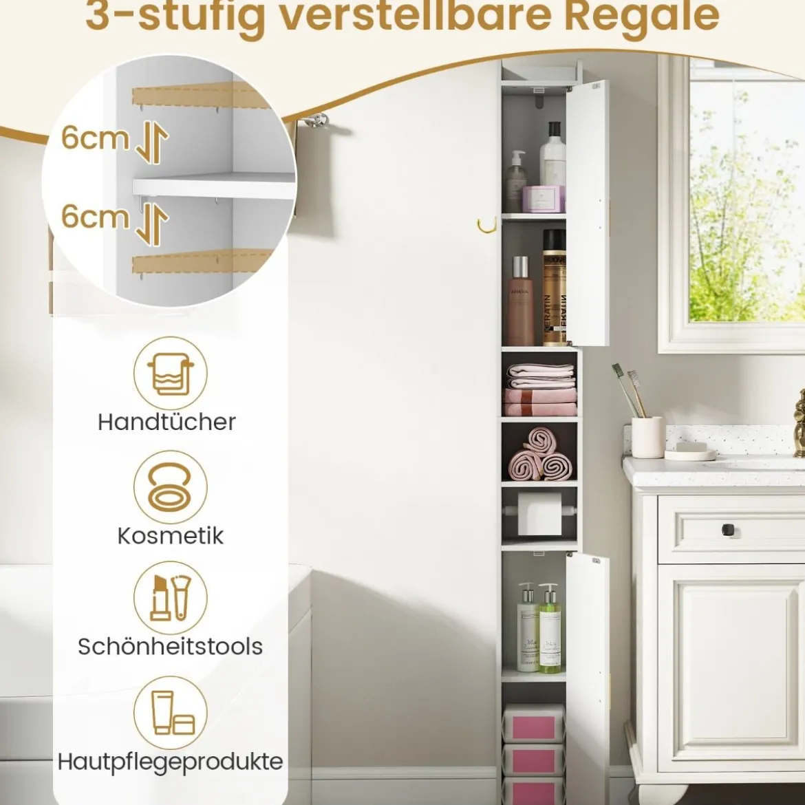 Schmaler Badschrank mit Toilettenpapierhalter & Seitenhaken Hochschrank Badezimmerschrank Weiß