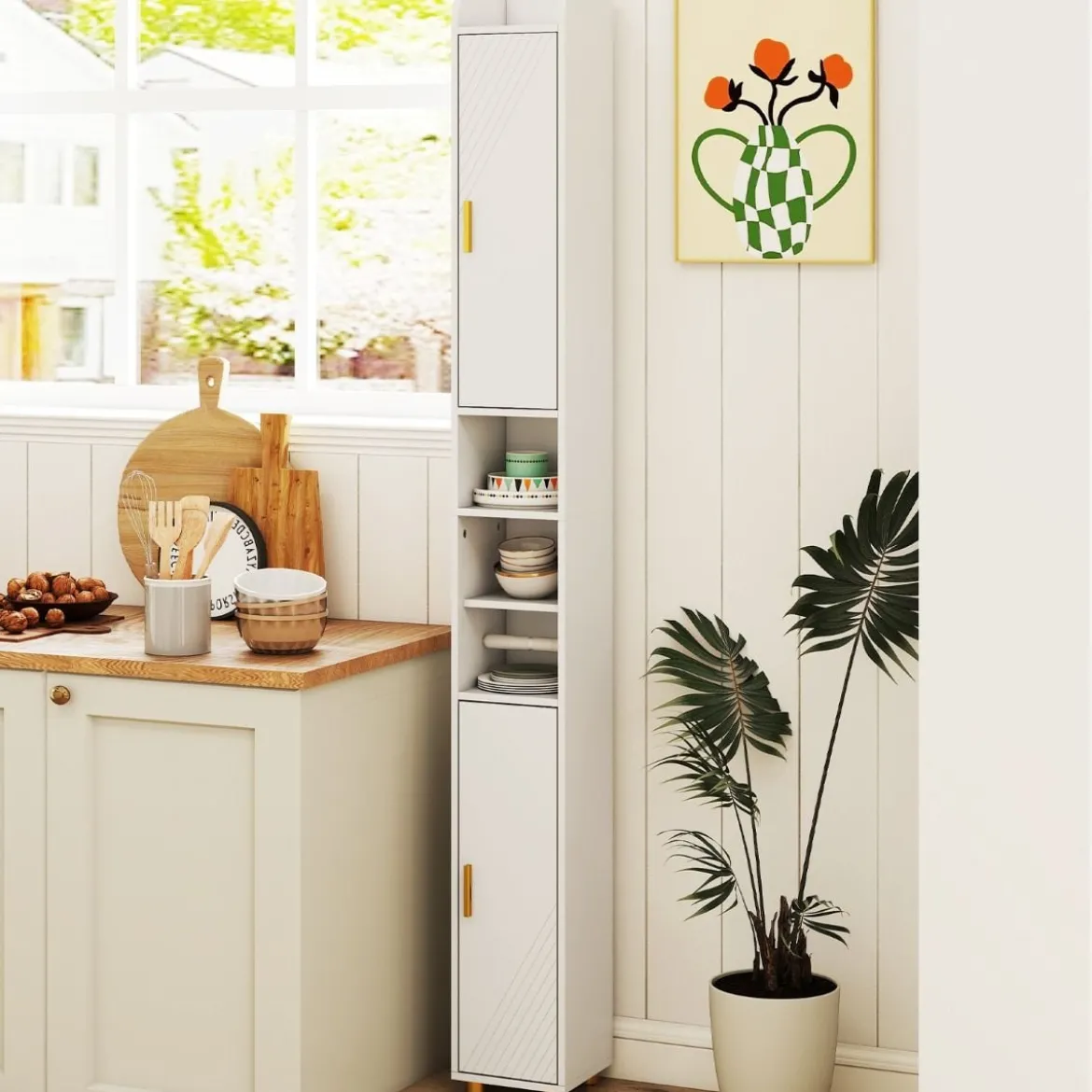 Schmaler Badschrank mit Toilettenpapierhalter & Seitenhaken Hochschrank Badezimmerschrank Weiß