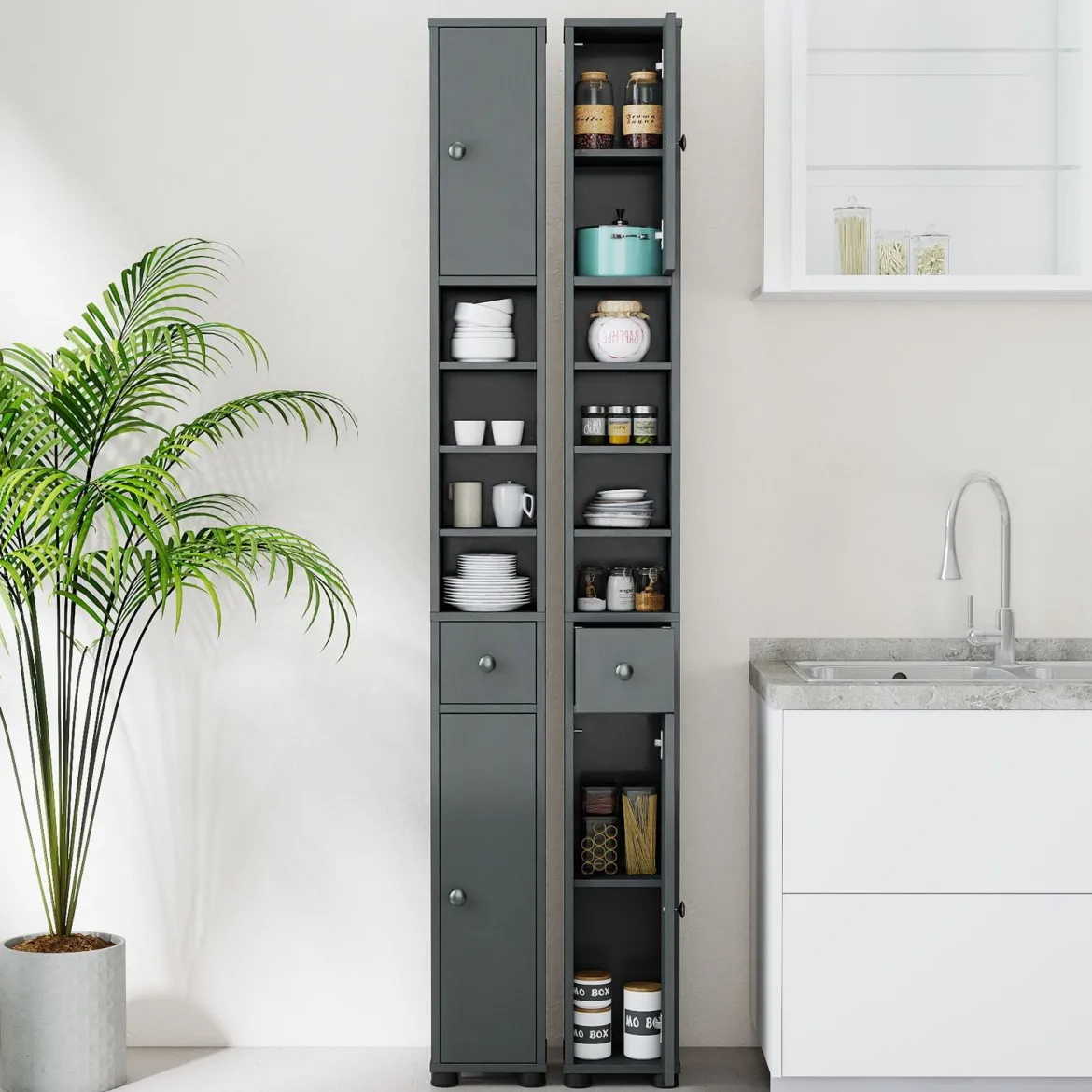 Schmaler Badschrank mit 2 Türen & 1 Schublade & Verstellbaren Regalen Badezimmerschrank Grau
