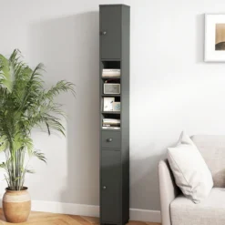 Schmaler Badschrank mit 2 Türen & 1 Schublade & Verstellbaren Regalen Badezimmerschrank Grau
