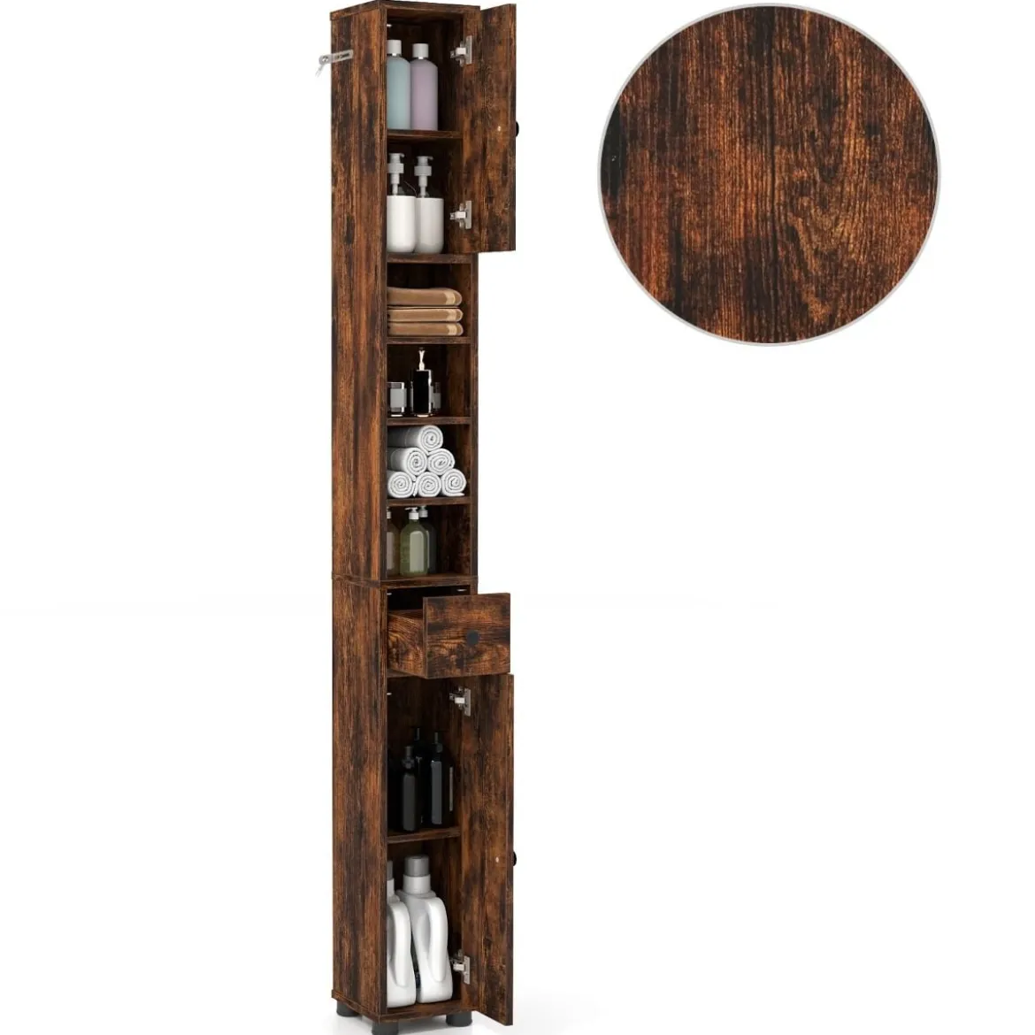 Schmaler Badschrank mit 2 Türen & 1 Schublade & Verstellbaren Regalen Badezimmerschrank Braun