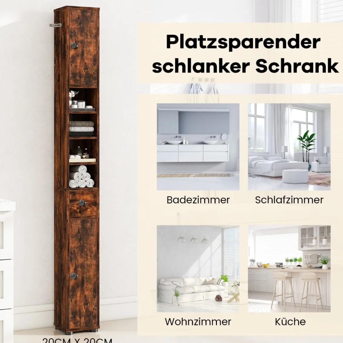 Schmaler Badschrank mit 2 Türen & 1 Schublade & Verstellbaren Regalen Badezimmerschrank Braun