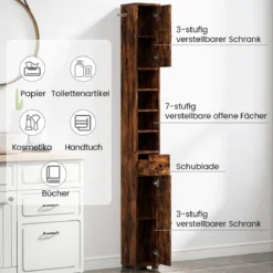 Schmaler Badschrank mit 2 Türen & 1 Schublade & Verstellbaren Regalen Badezimmerschrank Braun