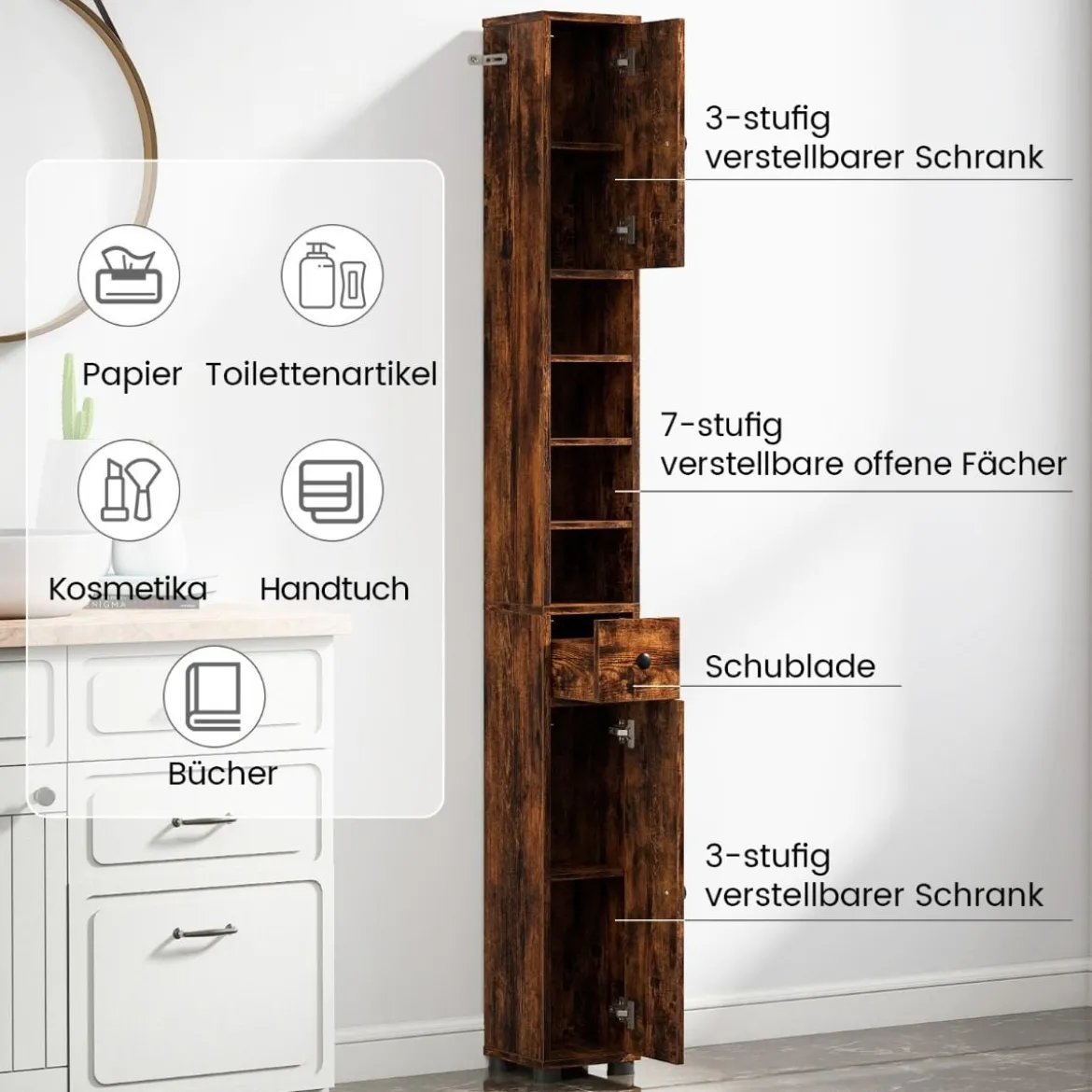 Schmaler Badschrank mit 2 Türen & 1 Schublade & Verstellbaren Regalen Badezimmerschrank Braun
