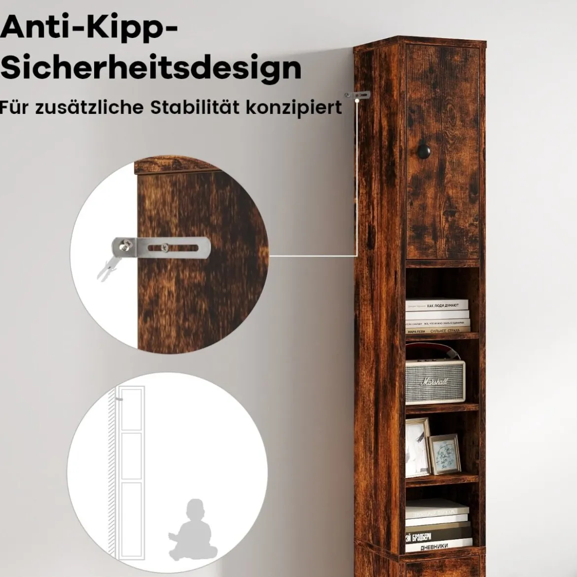Schmaler Badschrank mit 2 Türen & 1 Schublade & Verstellbaren Regalen Badezimmerschrank Braun