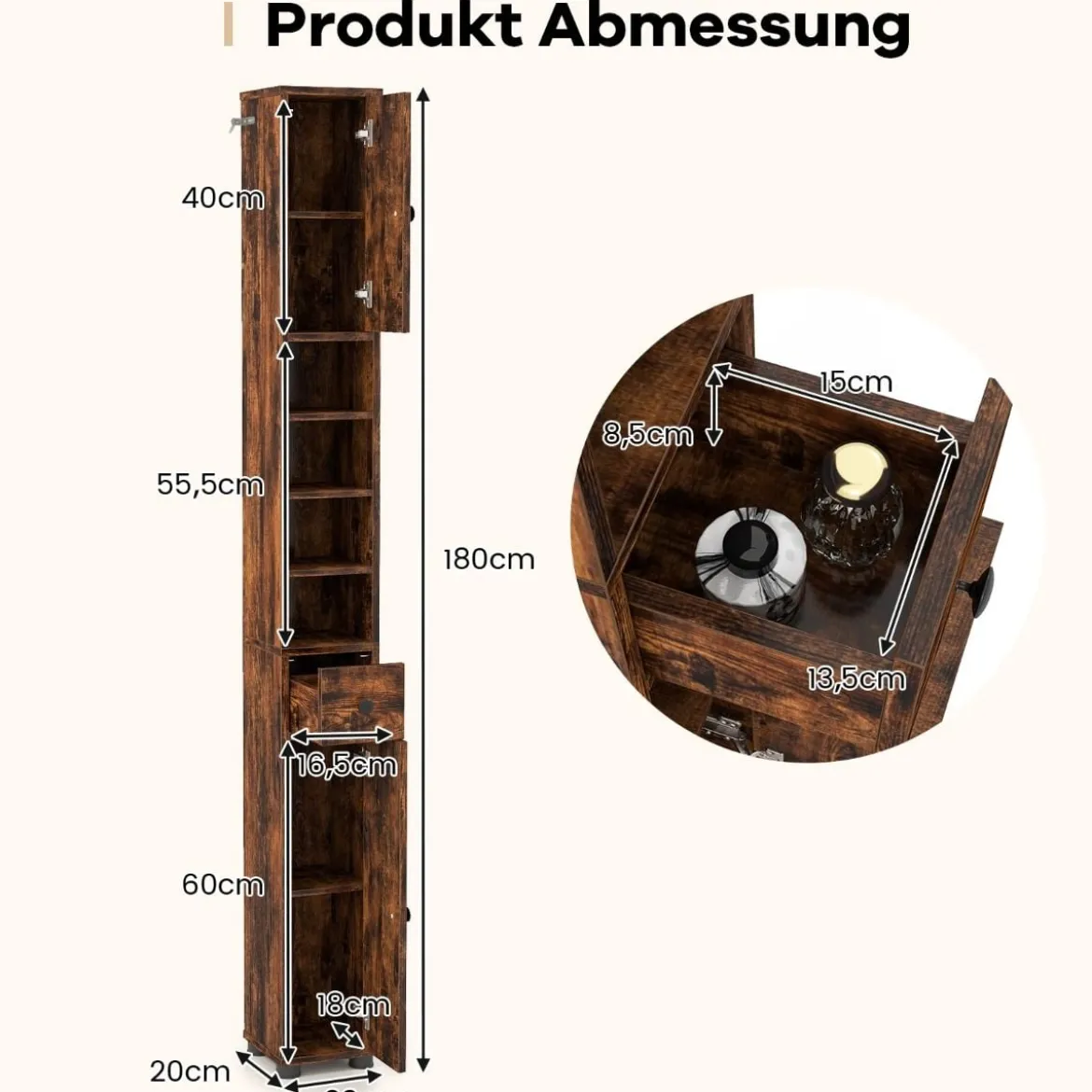 Schmaler Badschrank mit 2 Türen & 1 Schublade & Verstellbaren Regalen Badezimmerschrank Braun