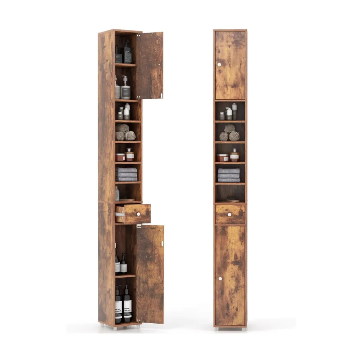 Schmaler Badschrank mit 2 Türen & 1 Schublade Hochschrank 20 x 20 x 180 cm