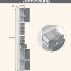 Schmaler Badschrank mit 2 Türen & 1 Schublade Hochschrank 20 x 20 x 180 cm