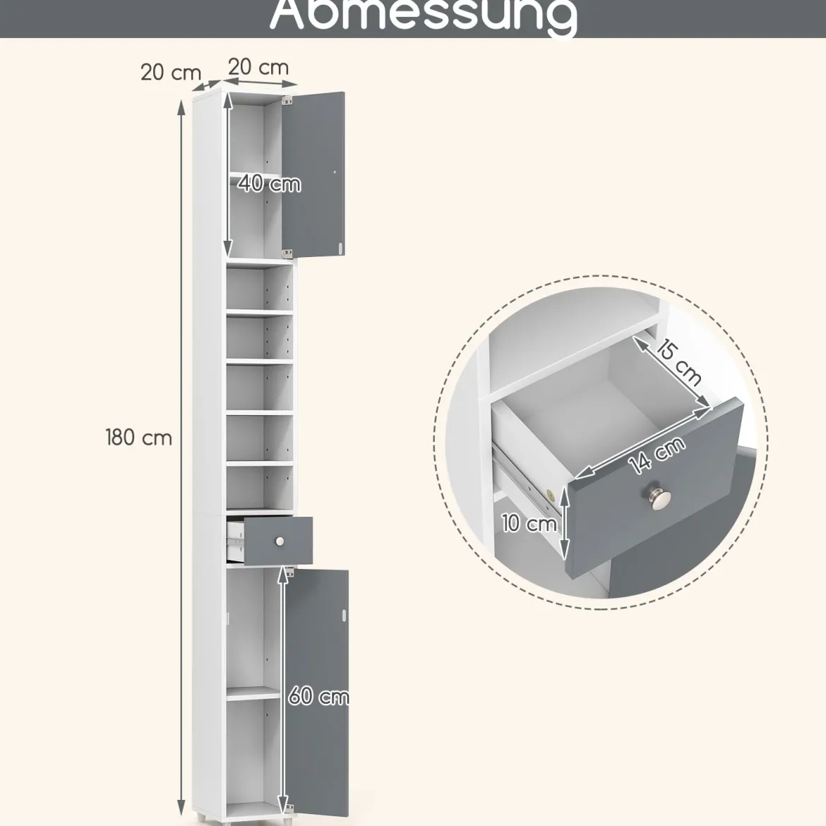 Schmaler Badschrank mit 2 Türen & 1 Schublade Hochschrank 20 x 20 x 180 cm