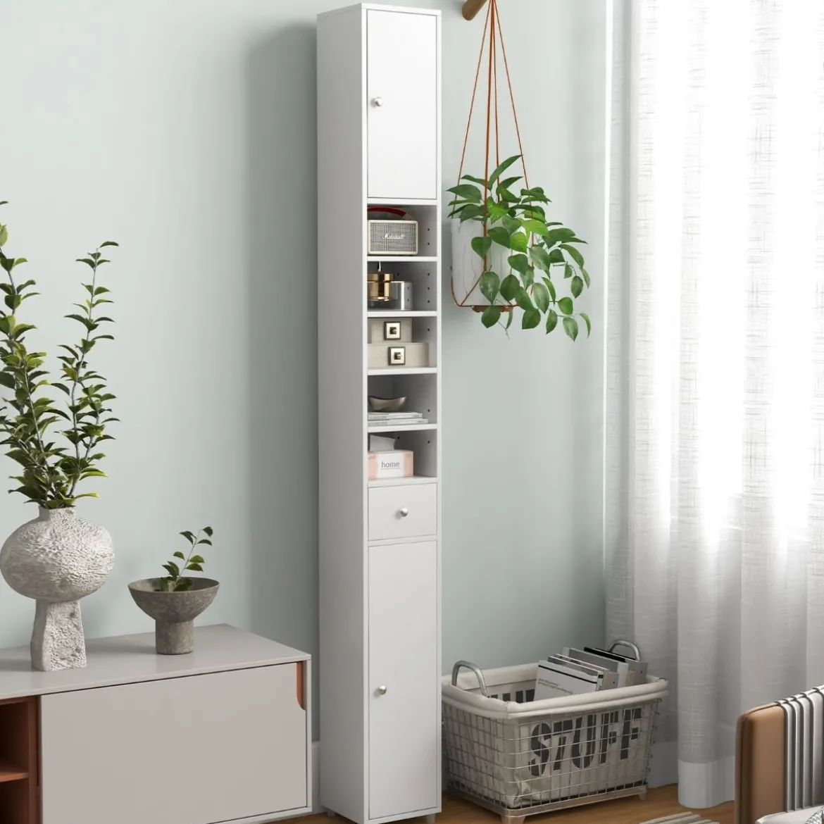 Schmaler Badschrank mit 2 Türen & 1 Schublade Hochschrank 20 x 20 x 180 cm