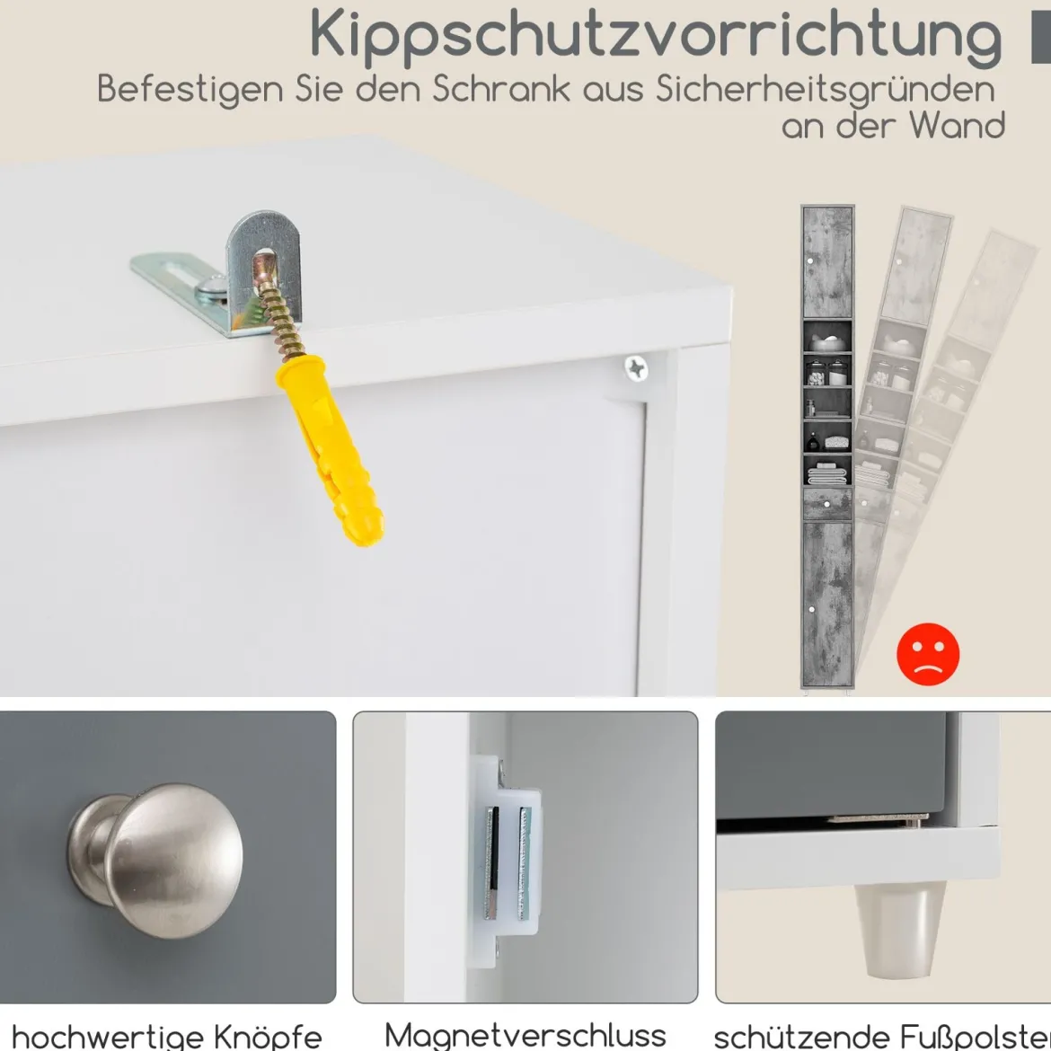 Schmaler Badschrank mit 2 Türen & 1 Schublade Hochschrank 20 x 20 x 180 cm