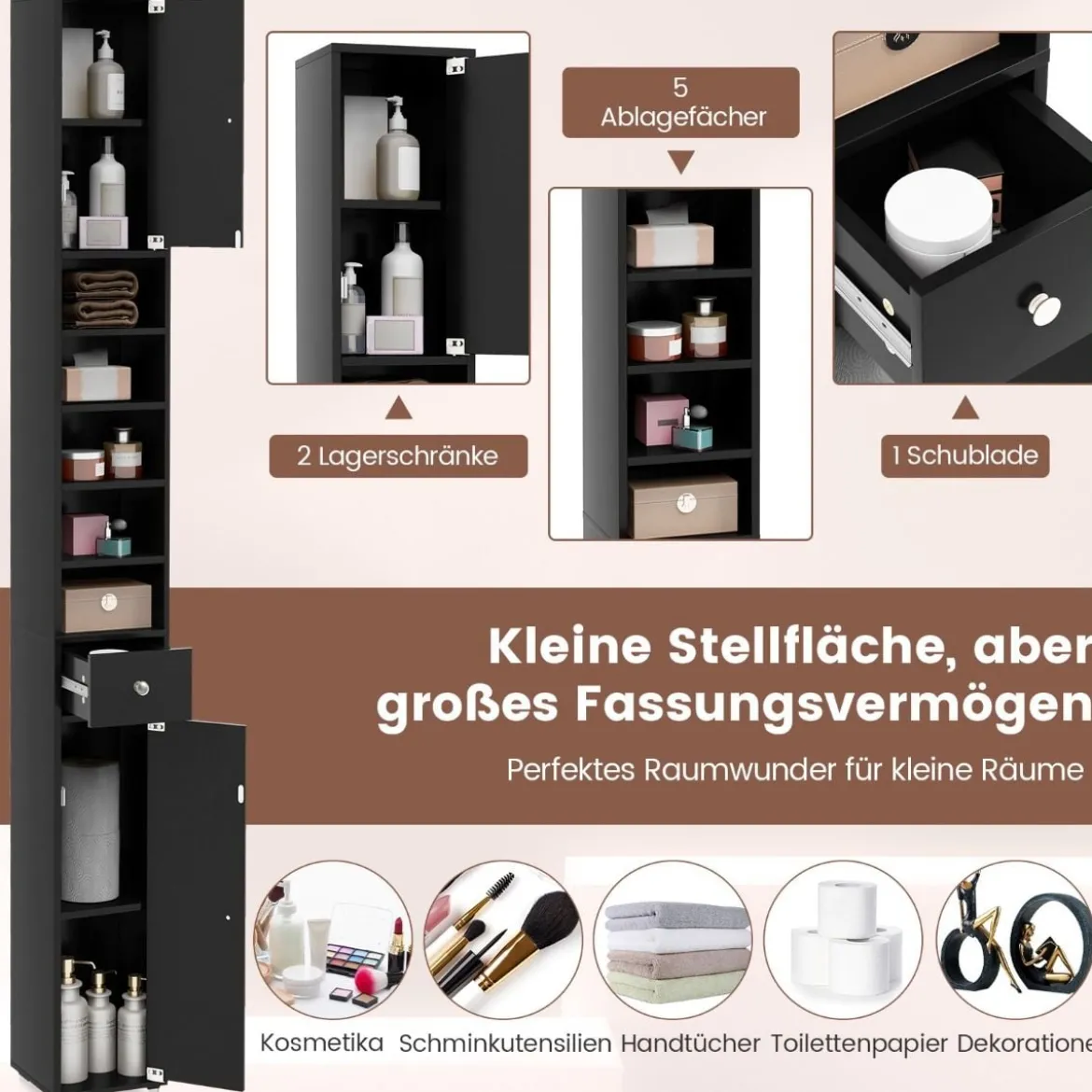 Schmaler Badschrank mit 2 Türen & 1 Schublade Hochschrank 20 x 20 x 180 cm