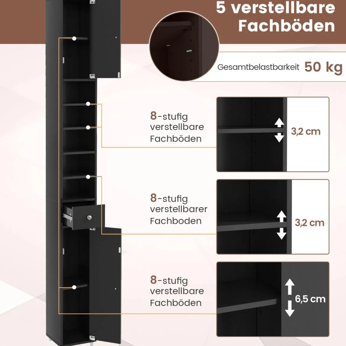 Schmaler Badschrank mit 2 Türen & 1 Schublade Hochschrank 20 x 20 x 180 cm