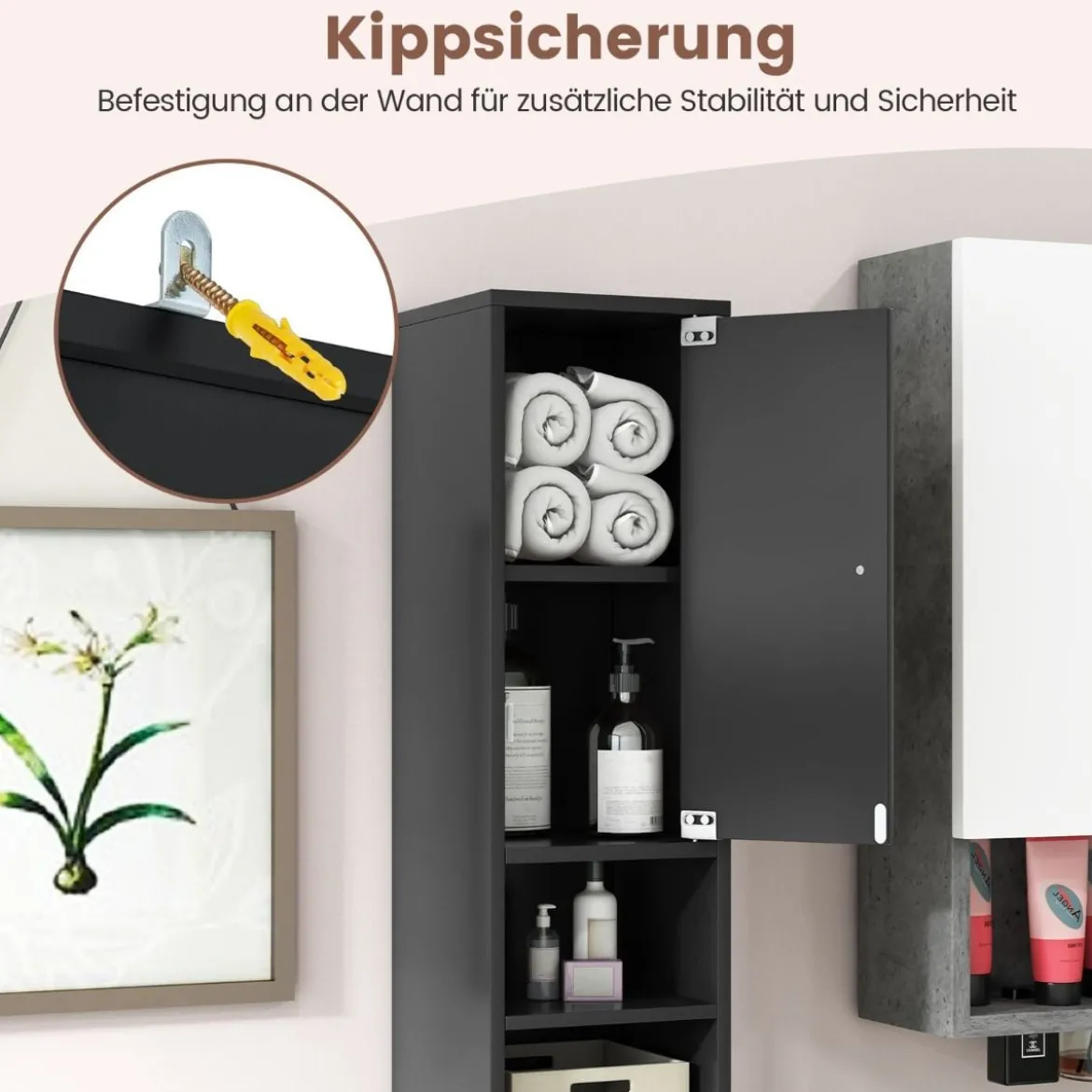 Schmaler Badschrank mit 2 Türen & 1 Schublade Hochschrank 20 x 20 x 180 cm