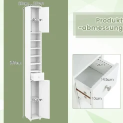 Schmaler Badschrank mit 2 Türen & 1 Schublade Hochschrank 20 x 20 x 180 cm