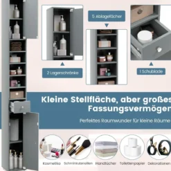 Schmaler Badschrank mit 2 Türen & 1 Schublade Hochschrank 20 x 20 x 180 cm
