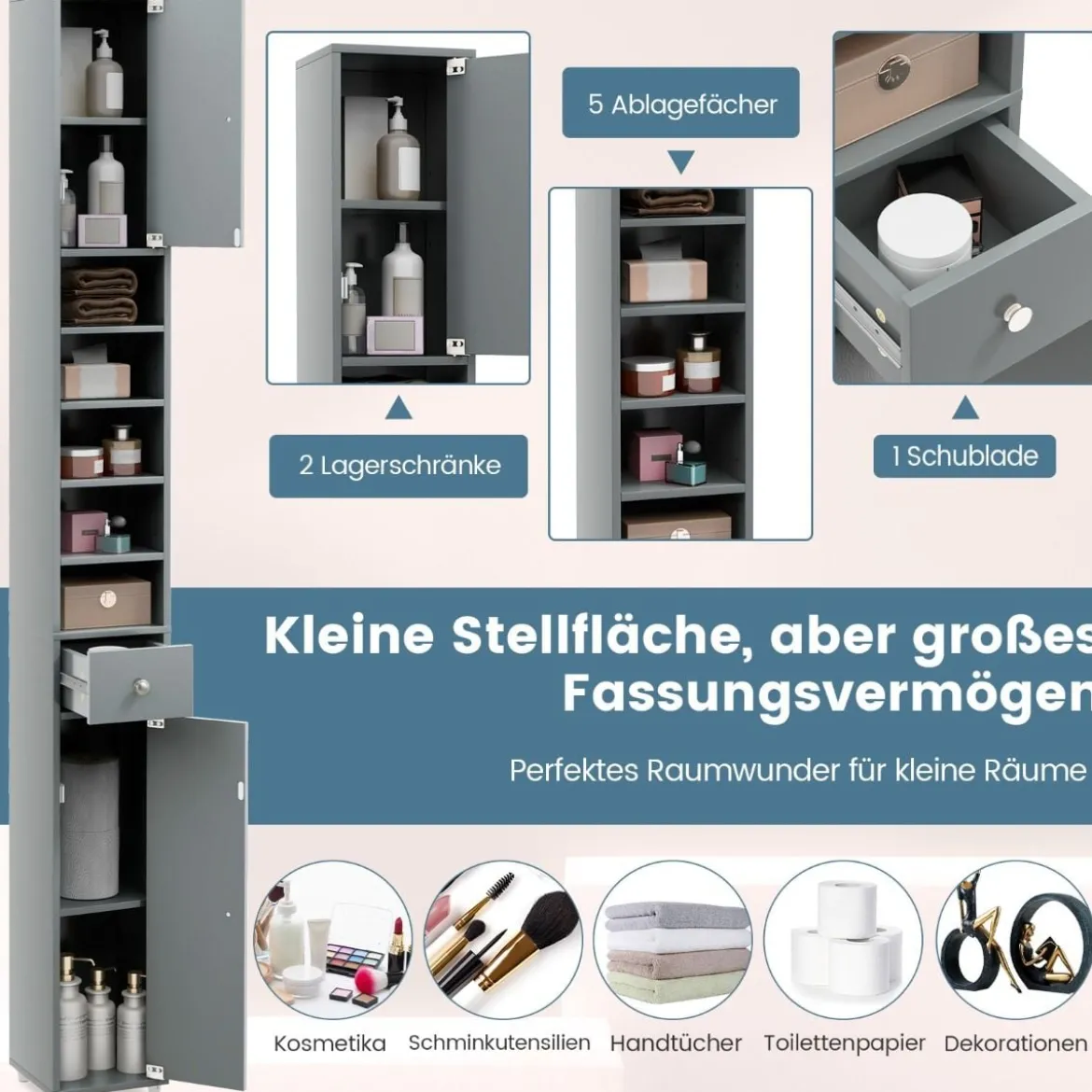 Schmaler Badschrank mit 2 Türen & 1 Schublade Hochschrank 20 x 20 x 180 cm
