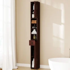 Schmaler Badschrank mit 2 Türen & 1 Schublade & Verstellbaren Regalen Badezimmerschrank Dunkelbraun
