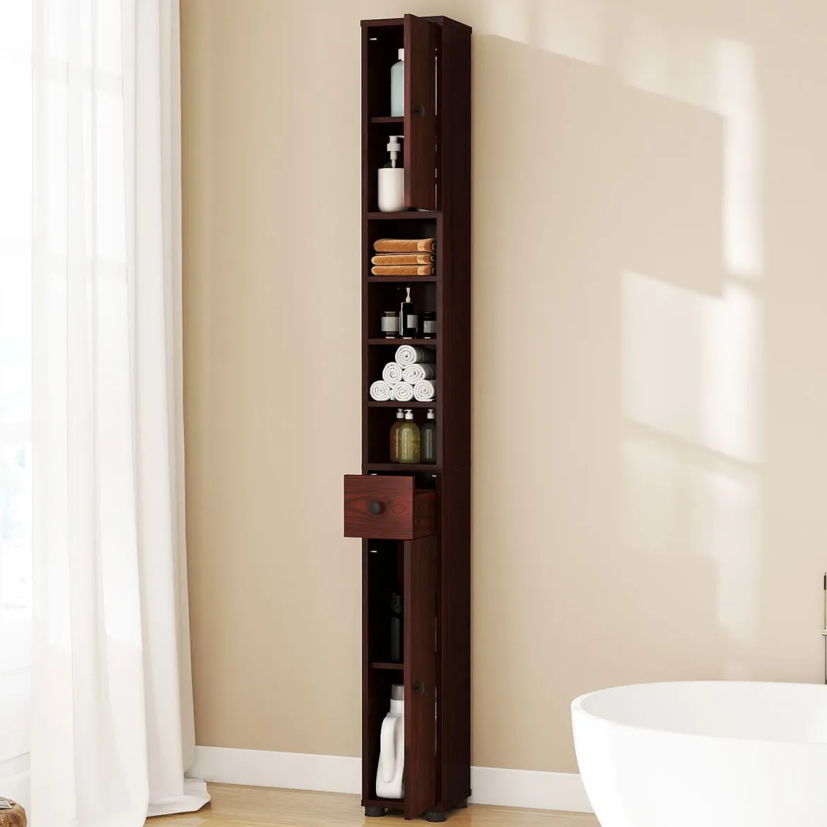 Schmaler Badschrank mit 2 Türen & 1 Schublade & Verstellbaren Regalen Badezimmerschrank Dunkelbraun