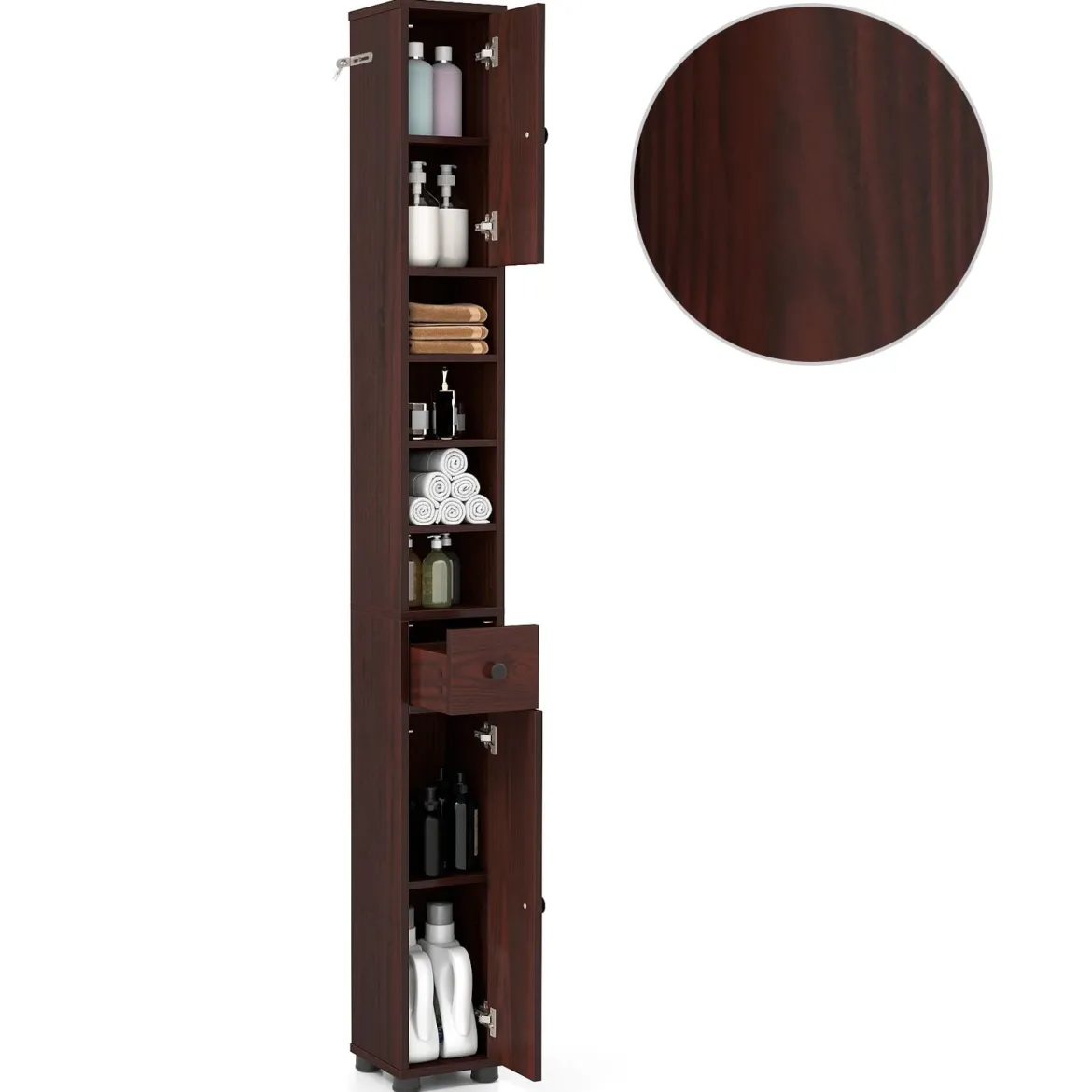 Schmaler Badschrank mit 2 Türen & 1 Schublade & Verstellbaren Regalen Badezimmerschrank Dunkelbraun