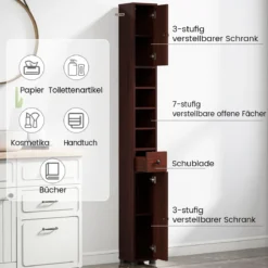 Schmaler Badschrank mit 2 Türen & 1 Schublade & Verstellbaren Regalen Badezimmerschrank Dunkelbraun