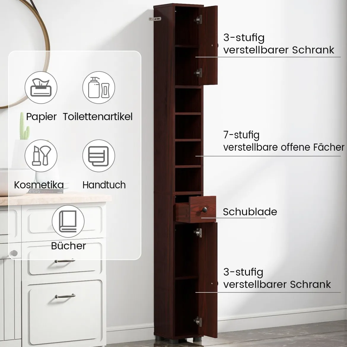 Schmaler Badschrank mit 2 Türen & 1 Schublade & Verstellbaren Regalen Badezimmerschrank Dunkelbraun