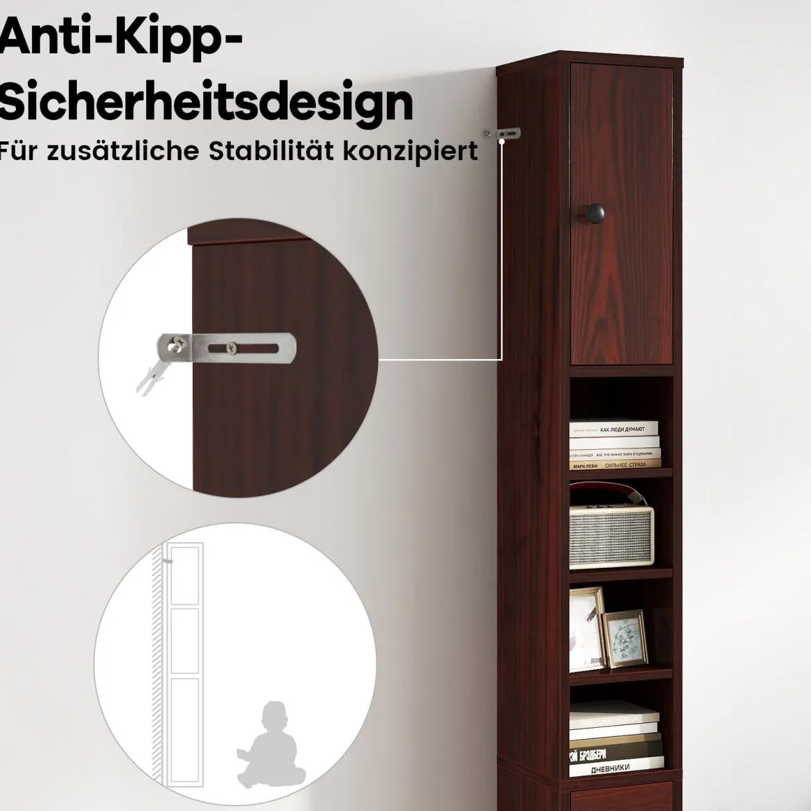Schmaler Badschrank mit 2 Türen & 1 Schublade & Verstellbaren Regalen Badezimmerschrank Dunkelbraun