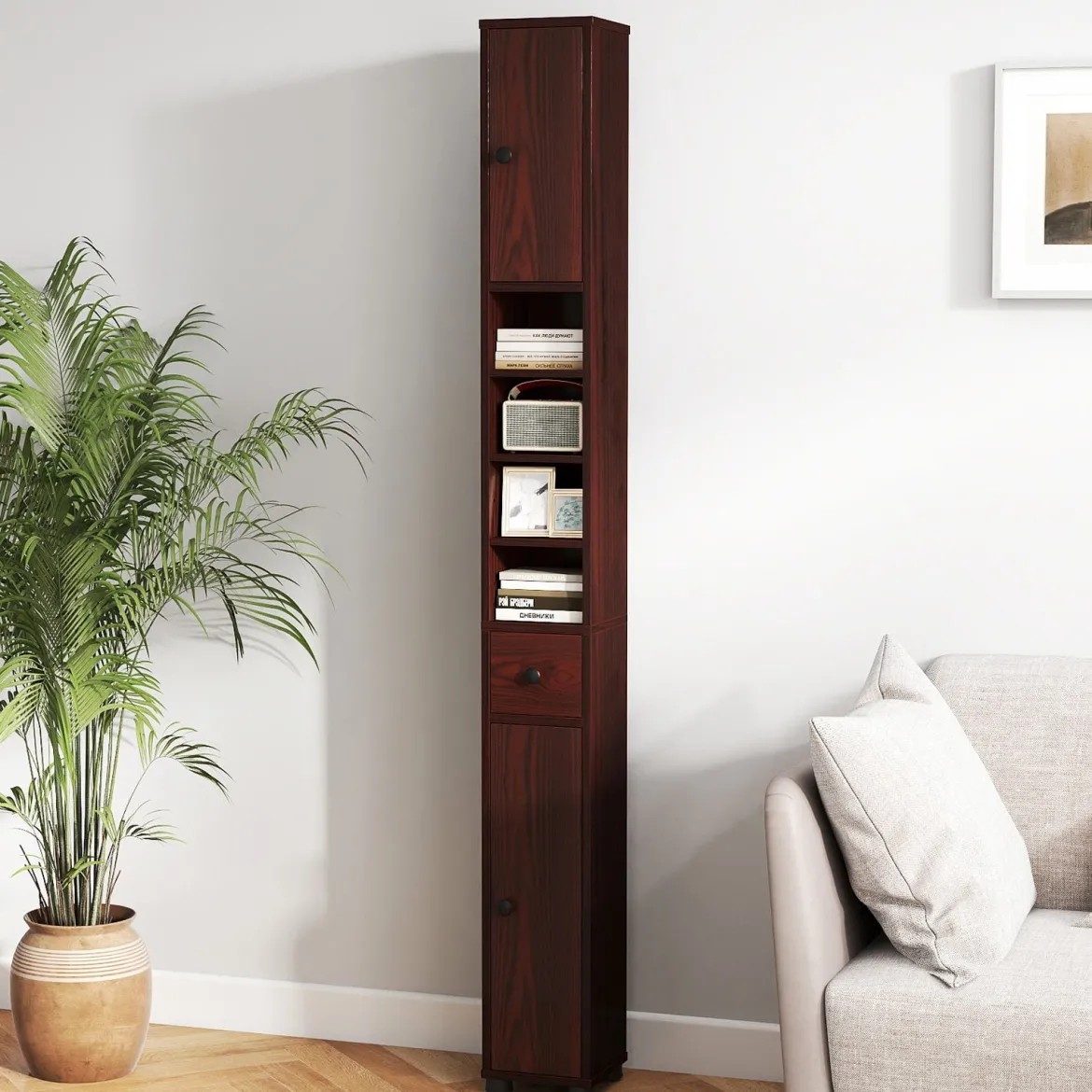 Schmaler Badschrank mit 2 Türen & 1 Schublade & Verstellbaren Regalen Badezimmerschrank Dunkelbraun