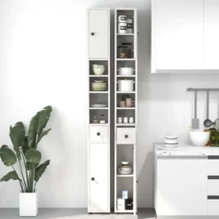 Schmaler Badschrank mit 2 Türen & 1 Schublade & Verstellbaren Regalen Badezimmerschrank Weiß